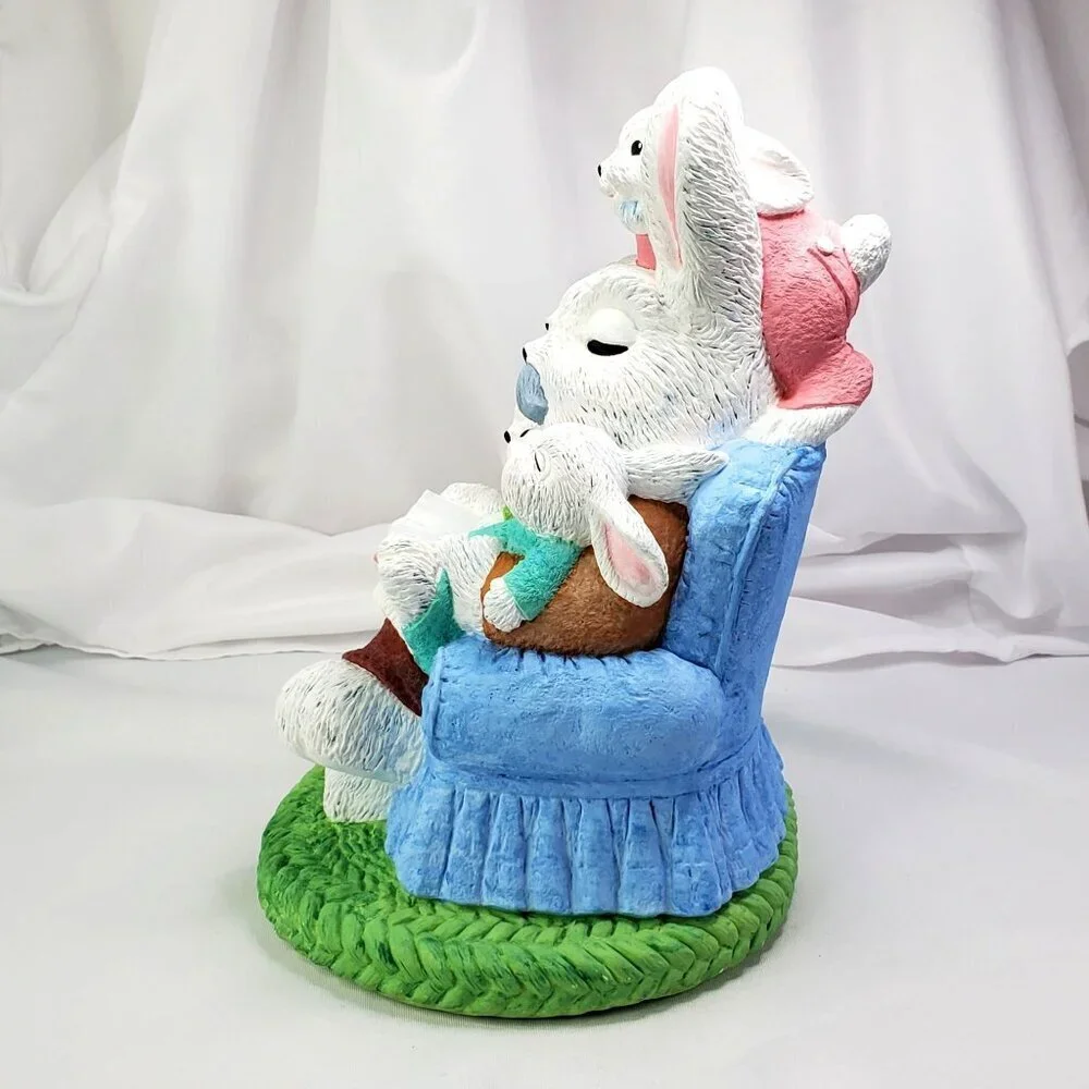VTG 1994 Easter Bunny Rabbits Grandpa & Kids Large Ceramic Decoration 10